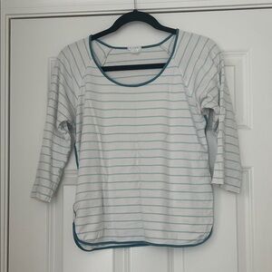 Striped White and Teal Trim Women's Long Sleeve Pajama Top